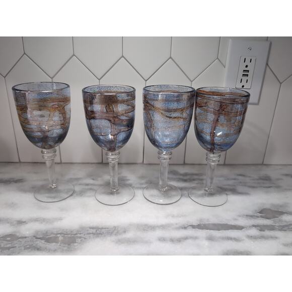 Iridescent Handblown Art Glass Goblets, Blue Brown Swirl, Set of 4 Glass Goblets - Picture 1 of 9